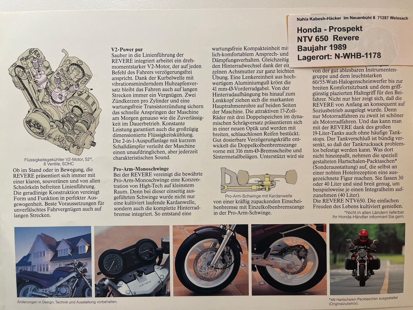 Prospekt Honda NTV650 Revere Bj. 1989 + Aufkleber
