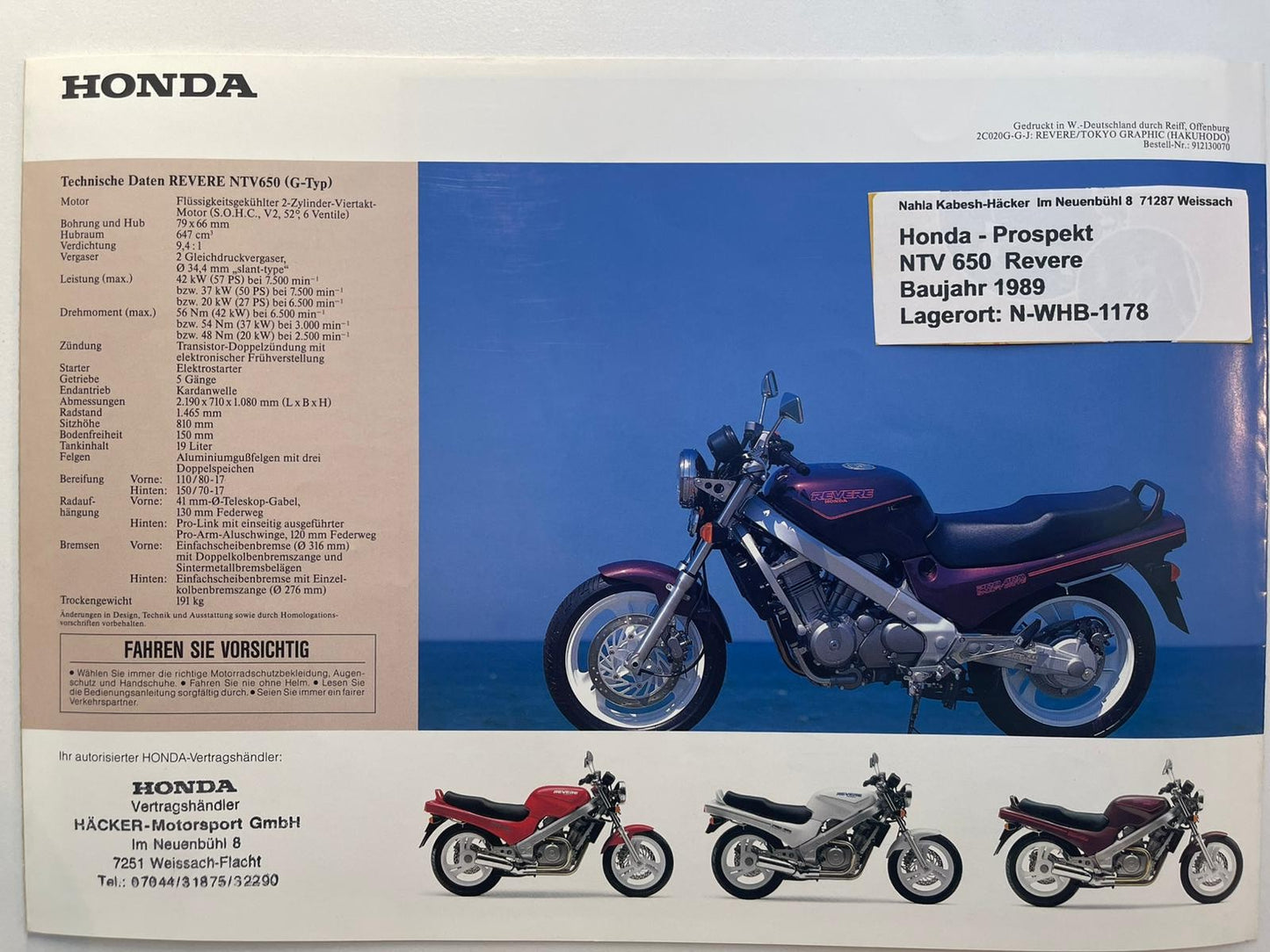 Prospekt Honda NTV650 Revere Bj. 1989 + Aufkleber