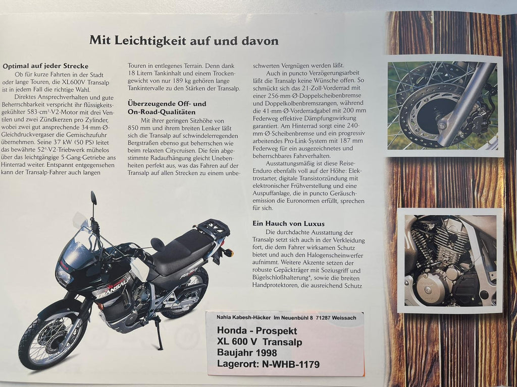 Prospekt Honda XL600V Transalp Bj. 1998 + Aufkleber