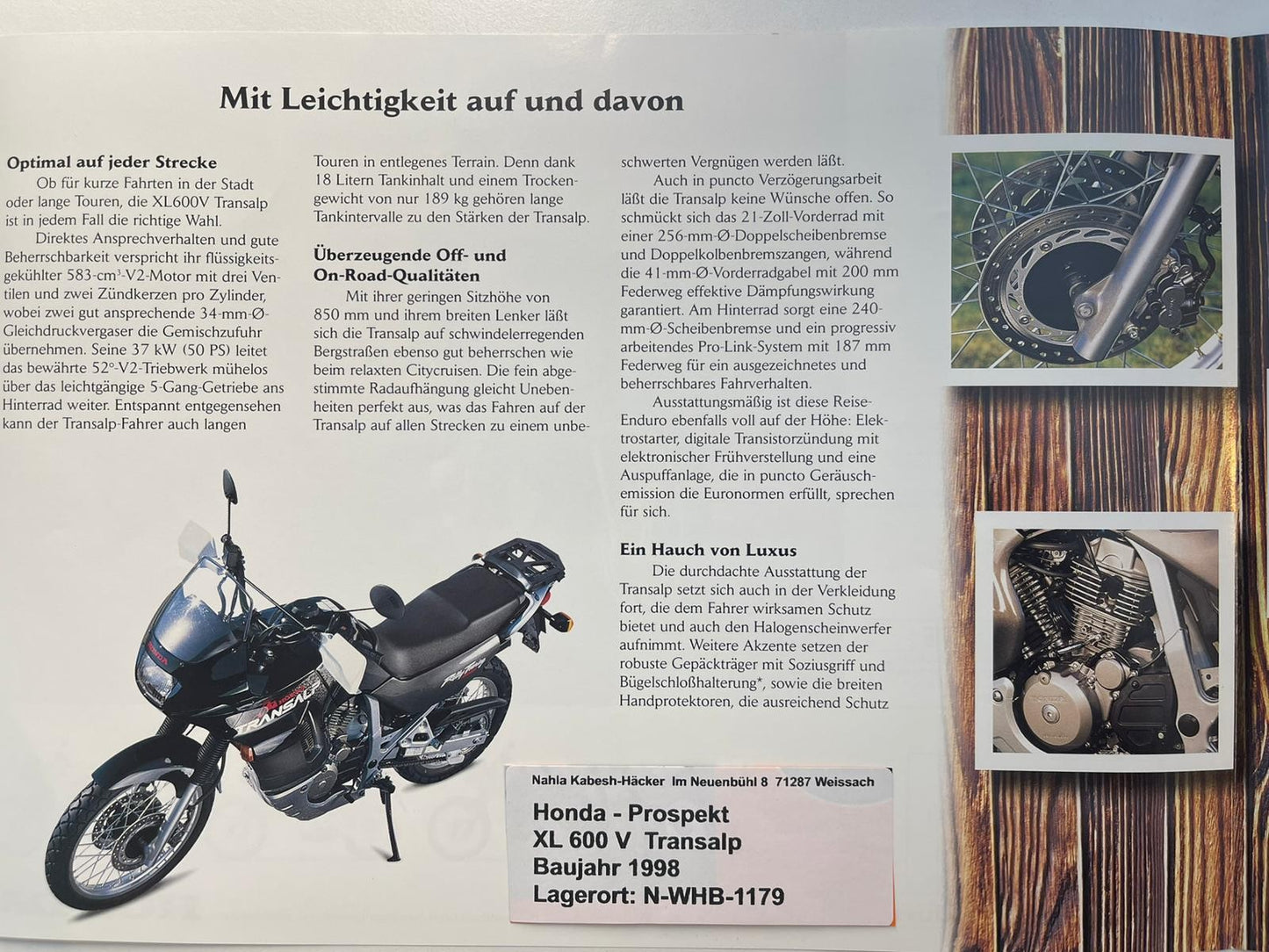Prospekt Honda XL600V Transalp Bj. 1998 + Aufkleber