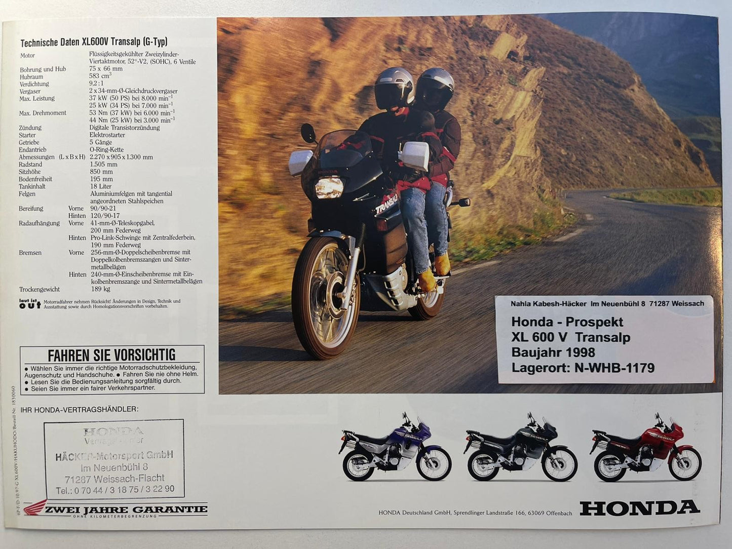 Prospekt Honda XL600V Transalp Bj. 1998 + Aufkleber