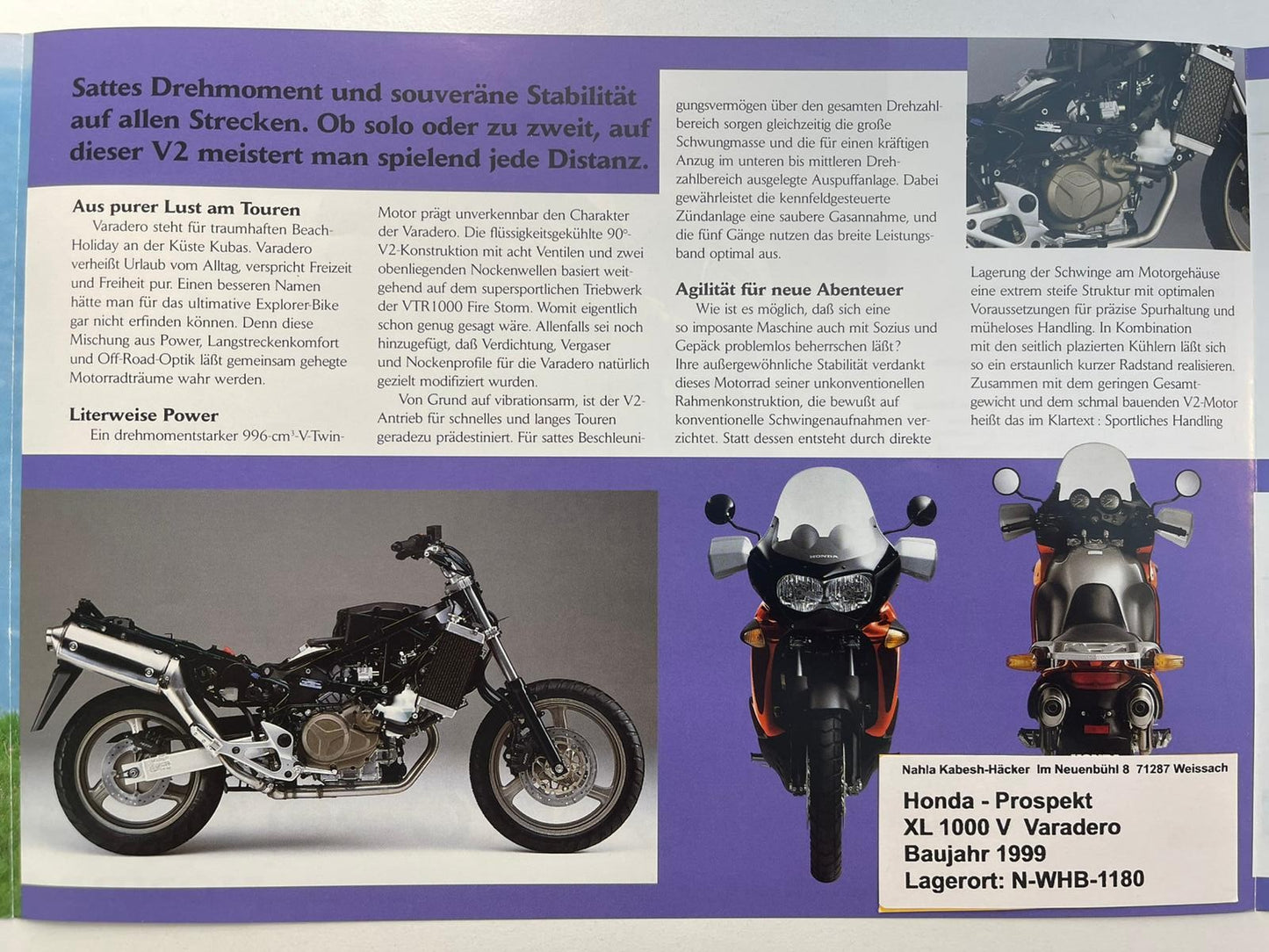 Prospekt Honda XL1000V Varadero Bj. 1999 + Aufkleber
