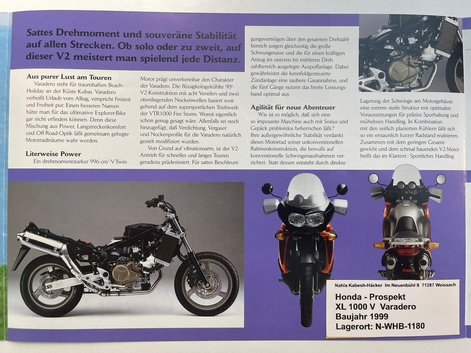 Prospekt Honda XL1000V Varadero Bj. 1999 + Aufkleber