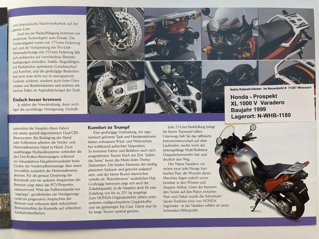 Prospekt Honda XL1000V Varadero Bj. 1999 + Aufkleber