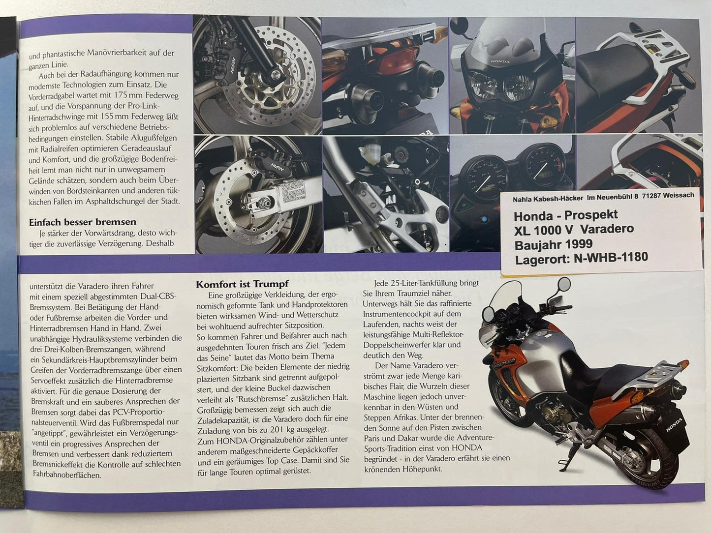 Prospekt Honda XL1000V Varadero Bj. 1999 + Aufkleber