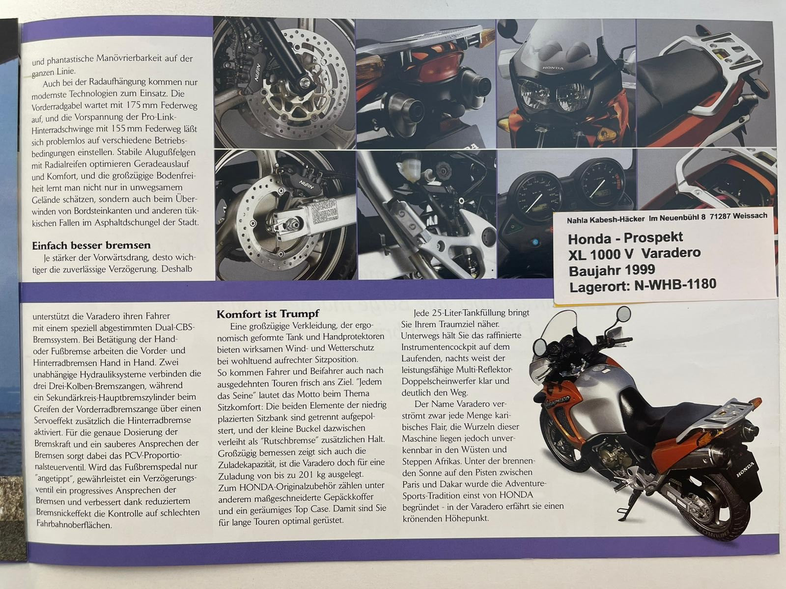 Prospekt Honda XL1000V Varadero Bj. 1999 + Aufkleber