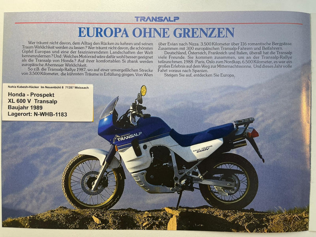 Prospekt Honda XL600V Transalp Bj. 1989 + Aufkleber