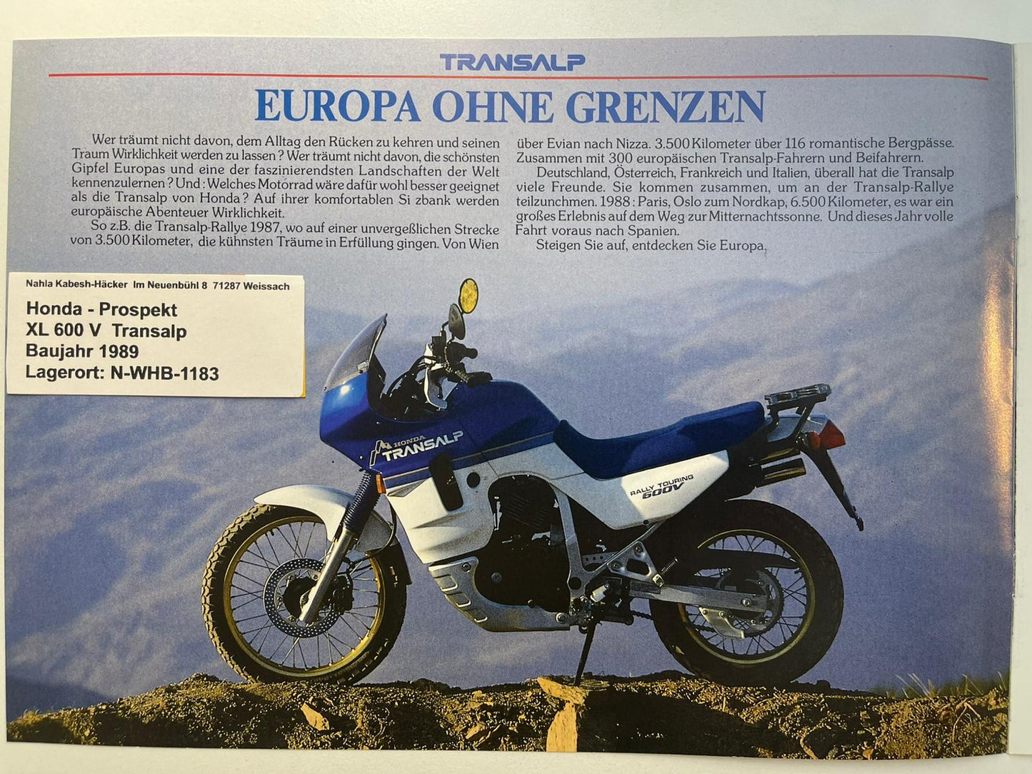 Prospekt Honda XL600V Transalp Bj. 1989 + Aufkleber