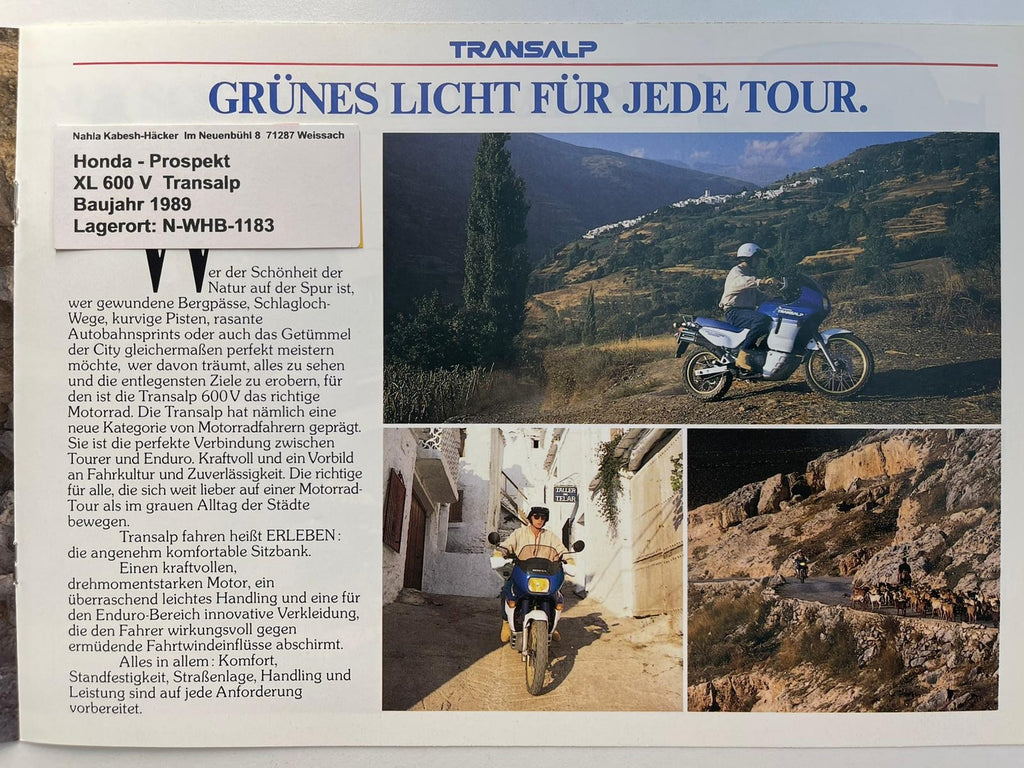 Prospekt Honda XL600V Transalp Bj. 1989 + Aufkleber
