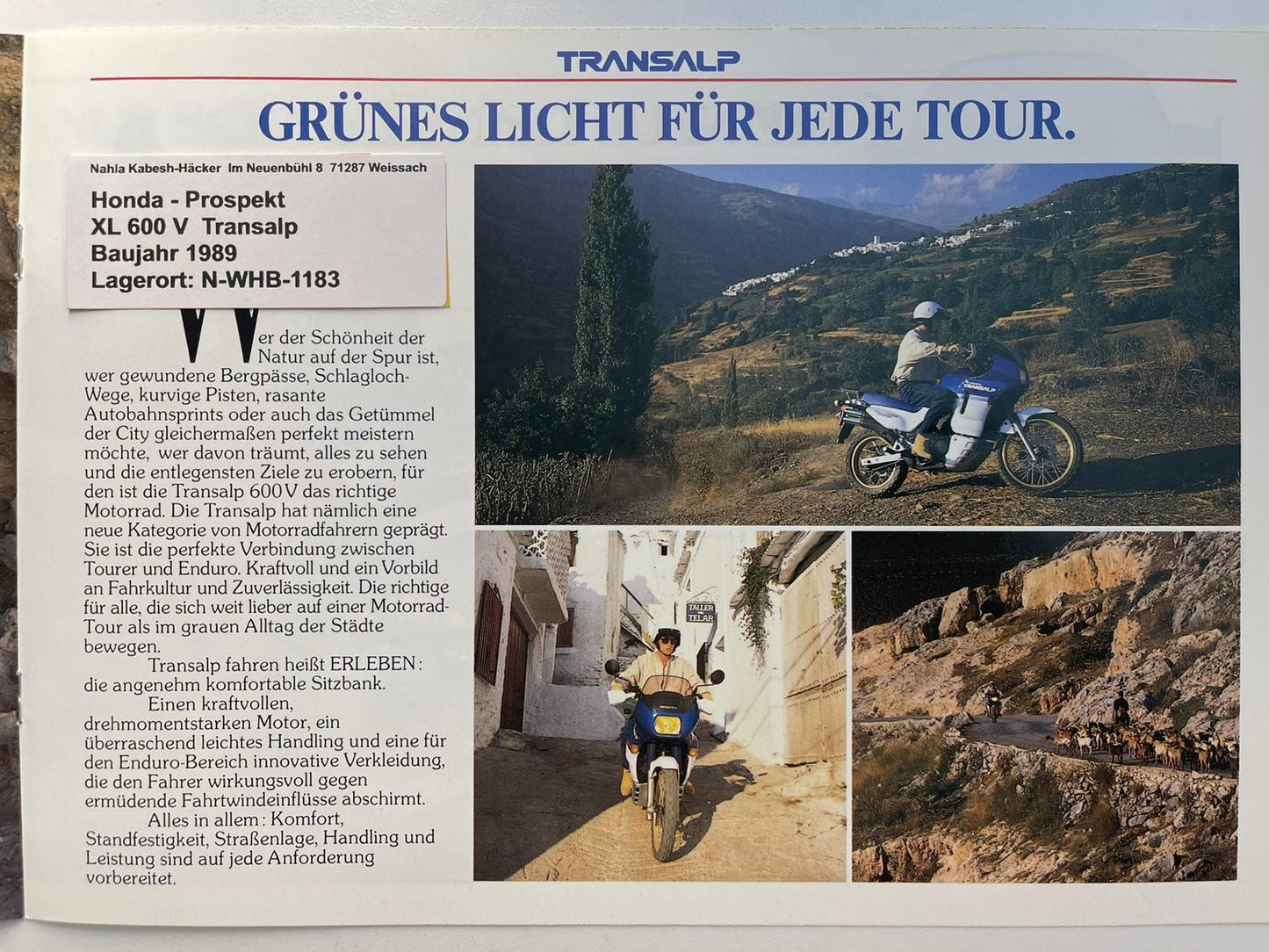 Prospekt Honda XL600V Transalp Bj. 1989 + Aufkleber