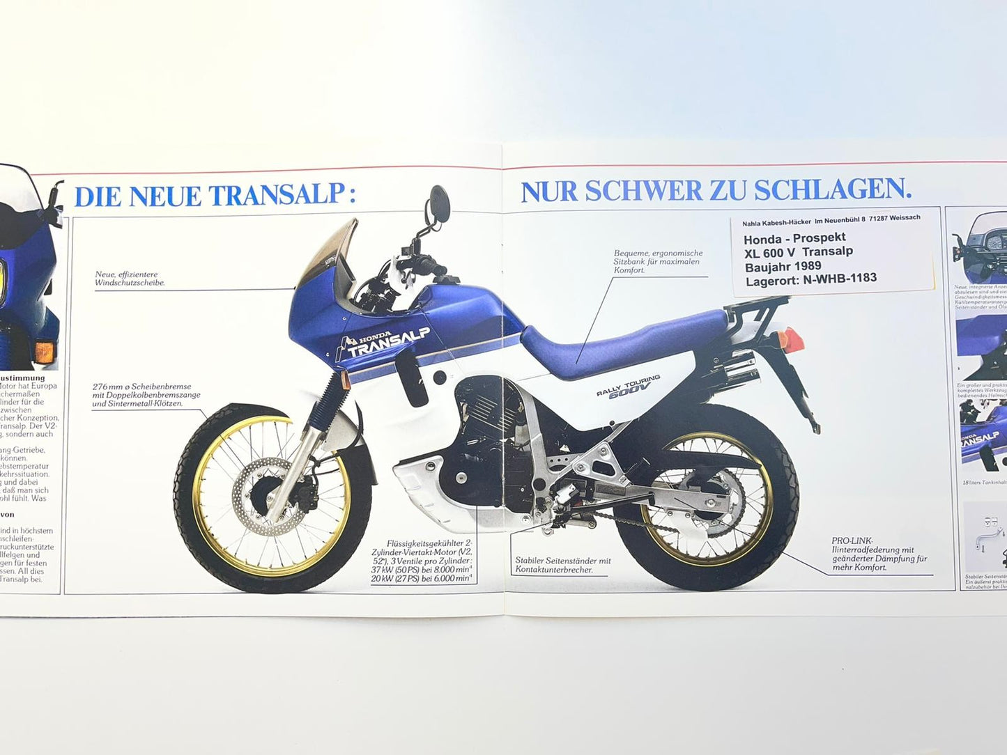 Prospekt Honda XL600V Transalp Bj. 1989 + Aufkleber