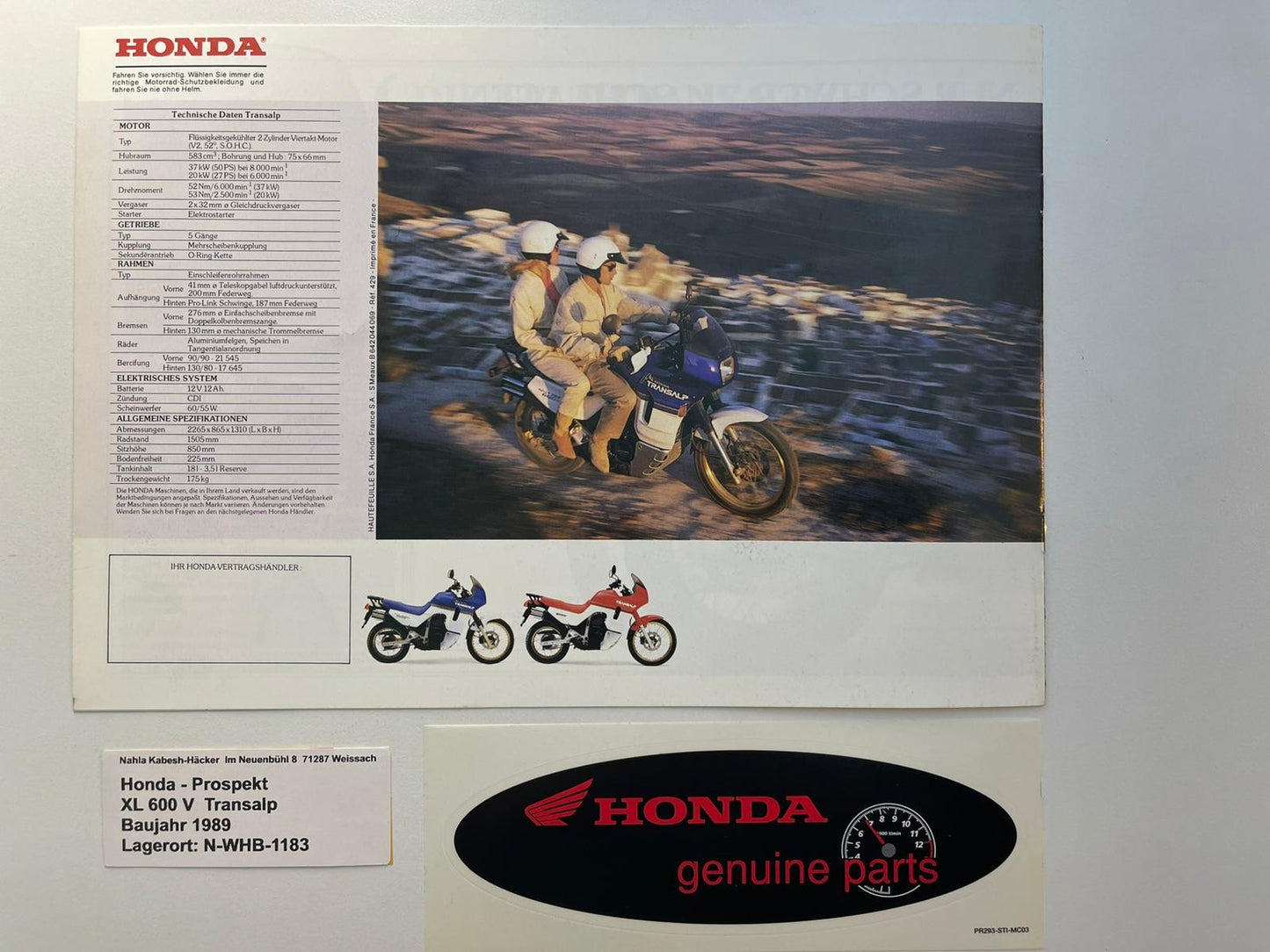 Prospekt Honda XL600V Transalp Bj. 1989 + Aufkleber