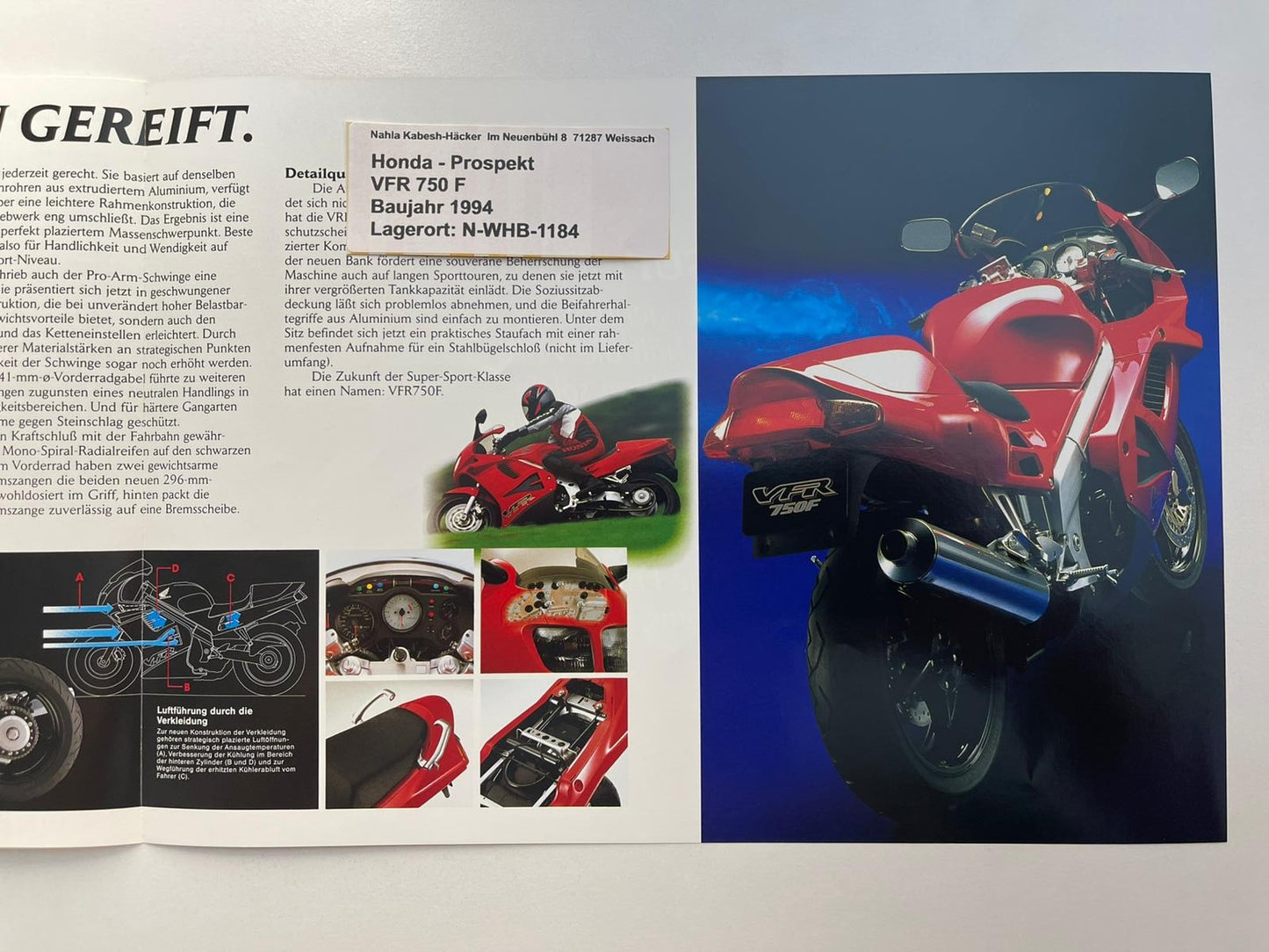 Prospekt Honda VFR750F VFR 750 F Bj. 1994 + Aufkleber