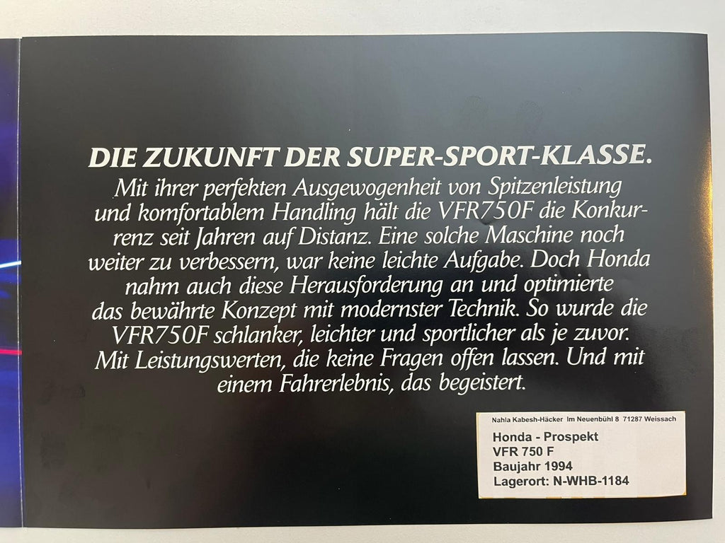 Prospekt Honda VFR750F VFR 750 F Bj. 1994 + Aufkleber