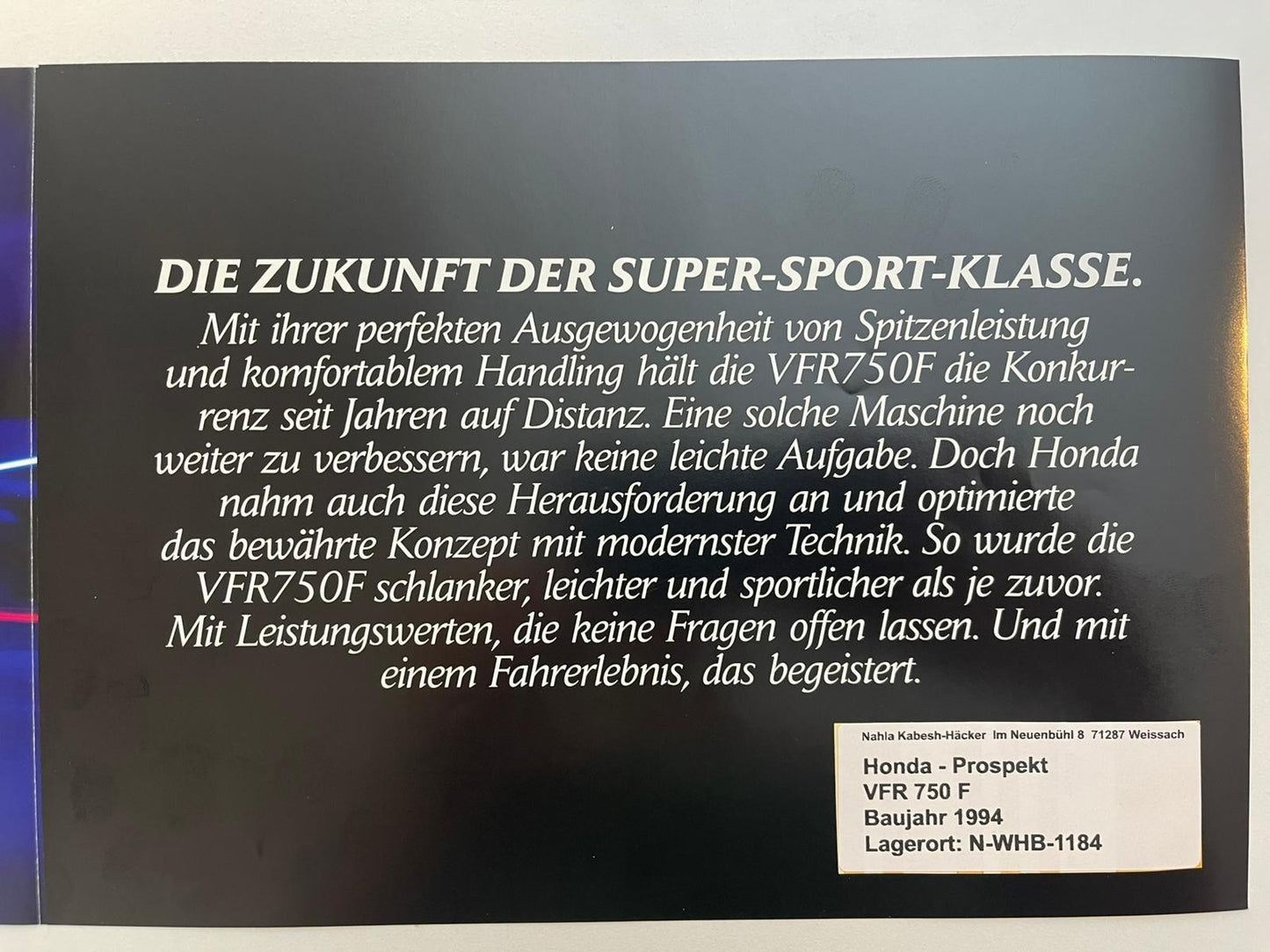 Prospekt Honda VFR750F VFR 750 F Bj. 1994 + Aufkleber
