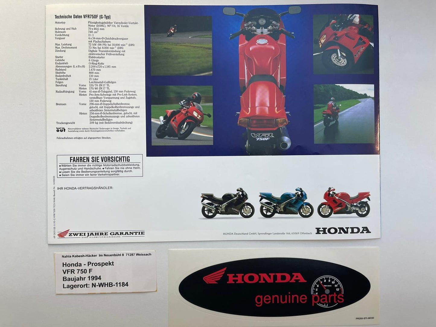 Prospekt Honda VFR750F VFR 750 F Bj. 1994 + Aufkleber
