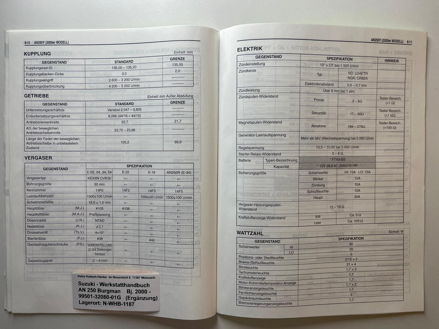 Werkstatthandbuch Ergänzung Suzuki AN250 AN 250 Bj. 2000