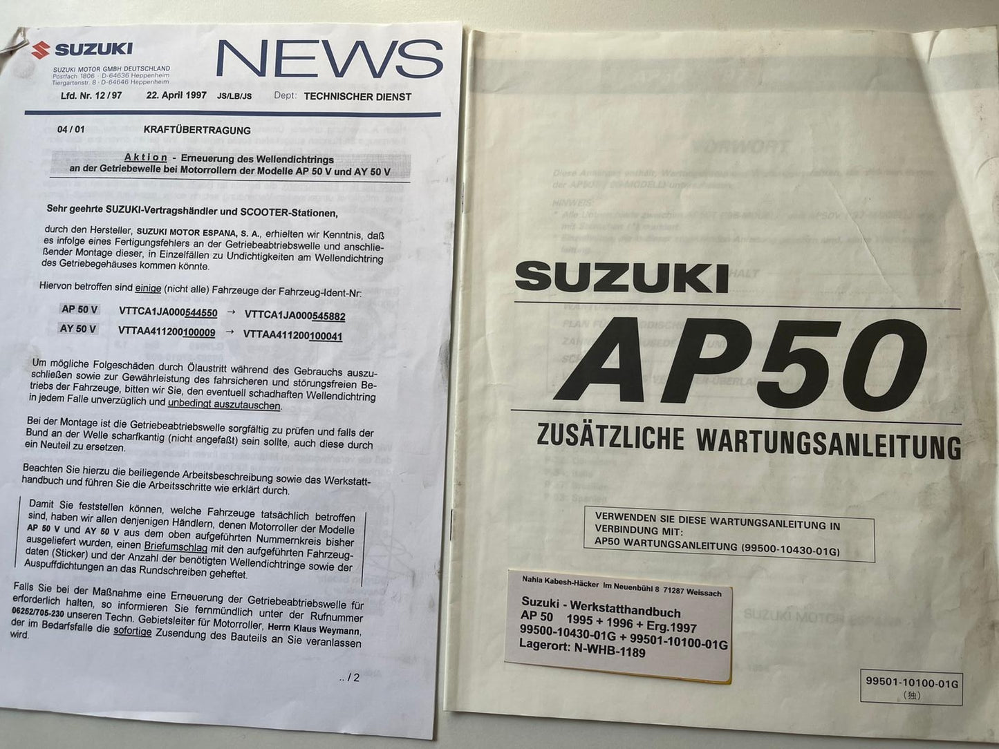 Werkstatthandbuch Suzuki AP50 AP 50 Bj. 1995 - 1996 + Ergänzung 1997