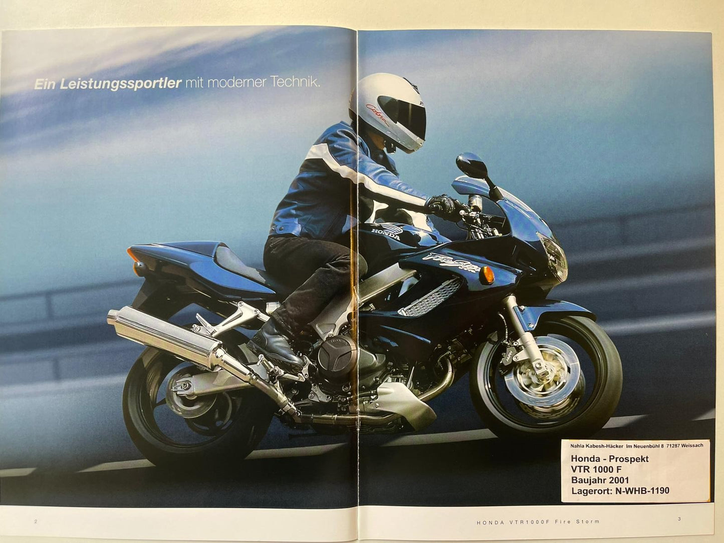 Prospekt Honda VTR1000F Fire Storm Bj. 2001 + Aufklebe