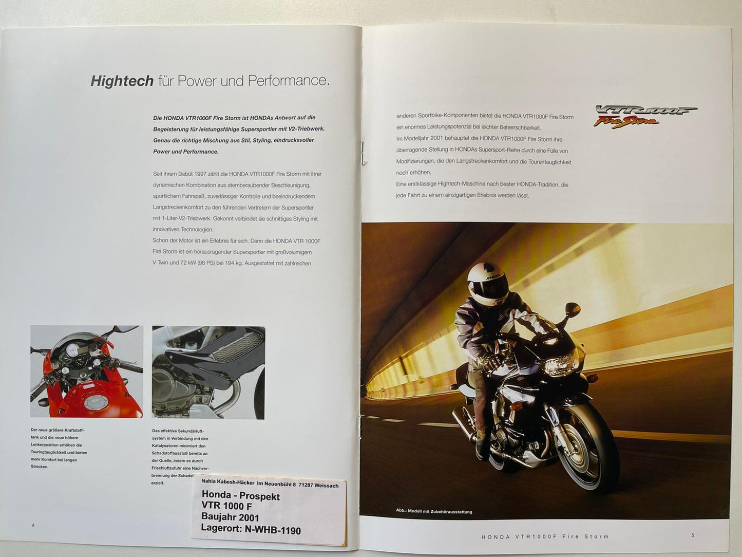 Prospekt Honda VTR1000F Fire Storm Bj. 2001 + Aufklebe
