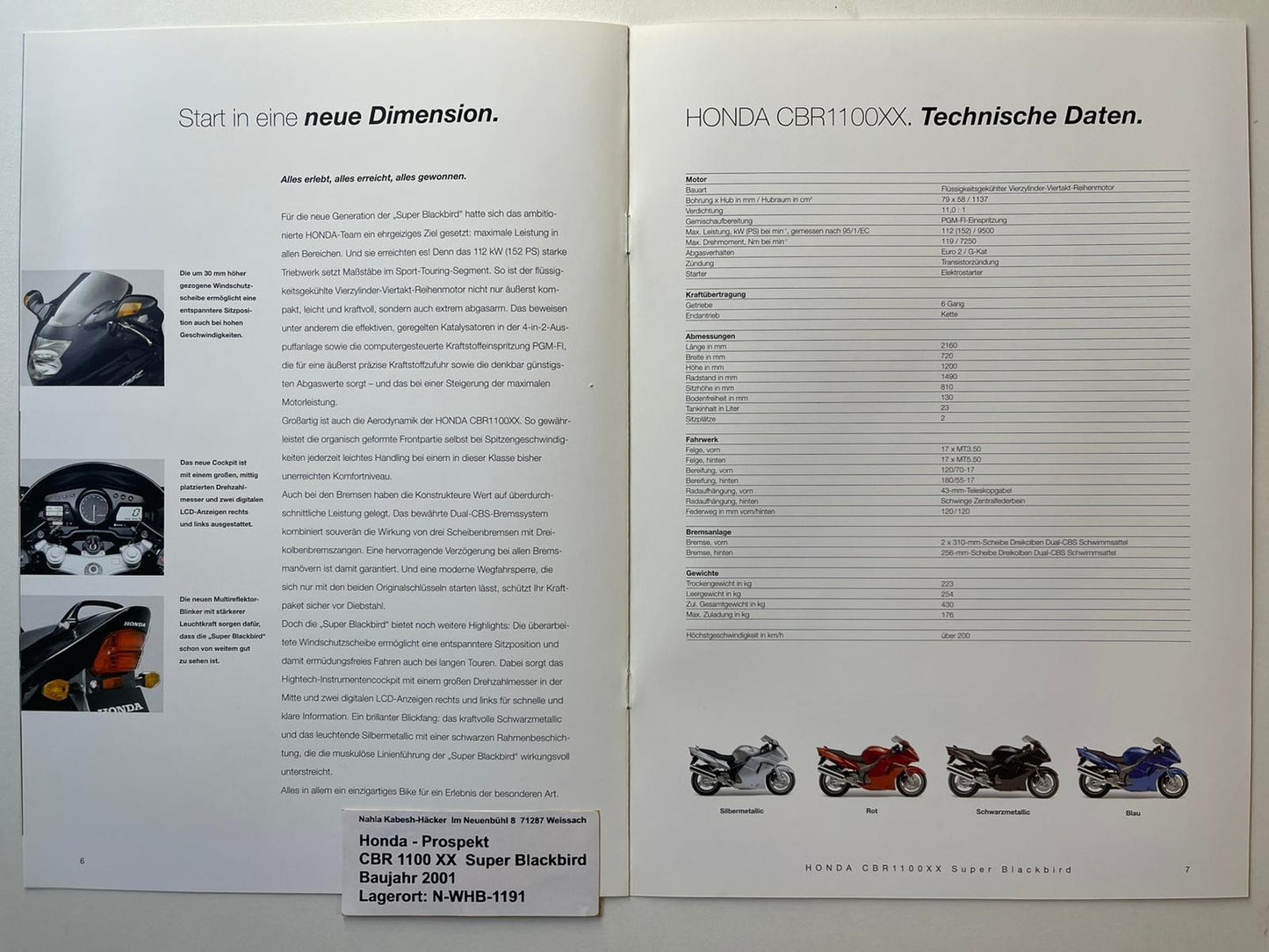 Prospekt Honda CBR1100XX Blackbird Bj. 2001 + Aufkleber
