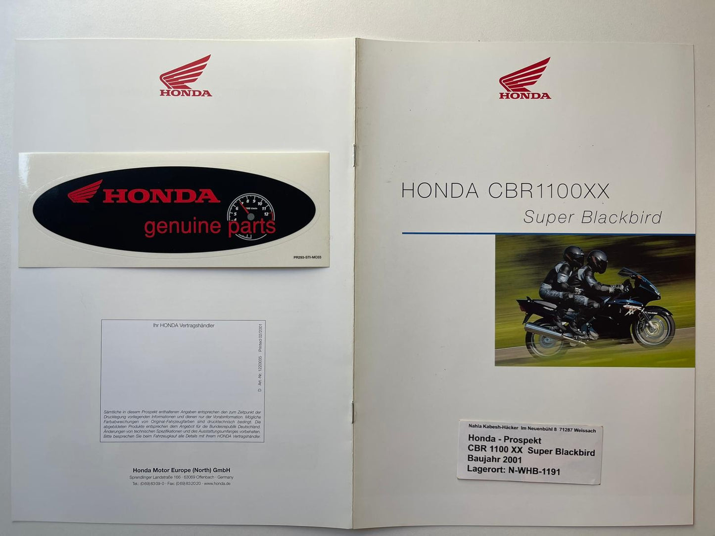 Prospekt Honda CBR1100XX Blackbird Bj. 2001 + Aufkleber