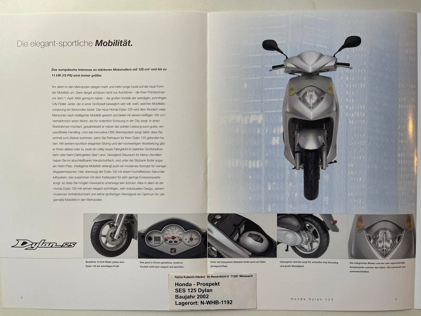 Prospekt Honda SES 125 Dylan Bj. 2002 + Aufkleber