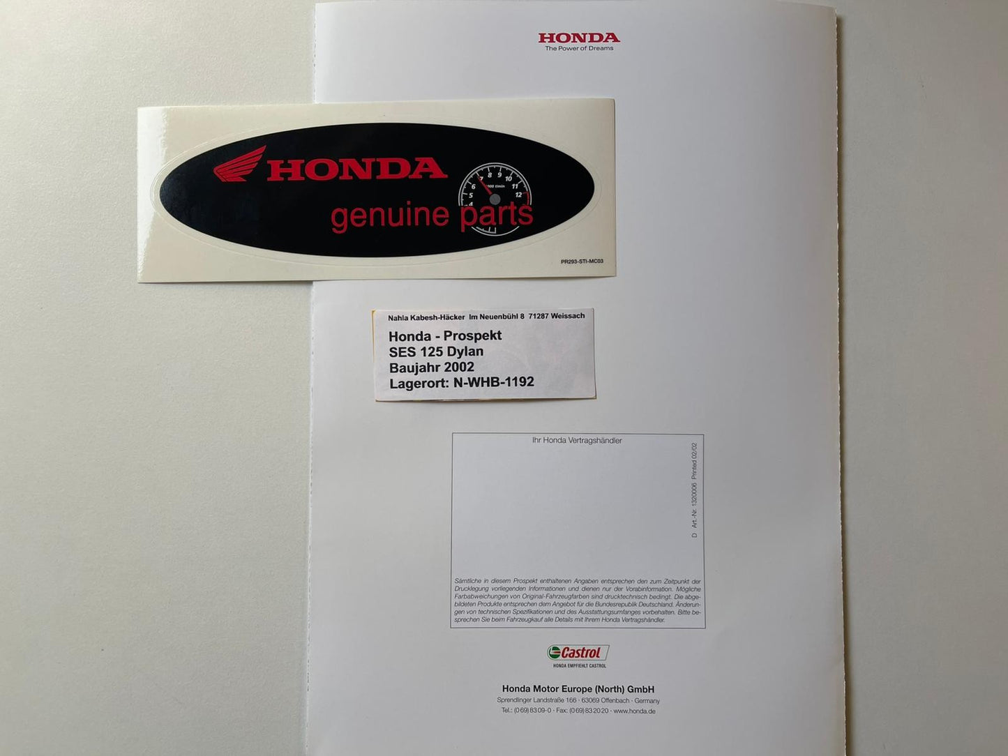 Prospekt Honda SES 125 Dylan Bj. 2002 + Aufkleber