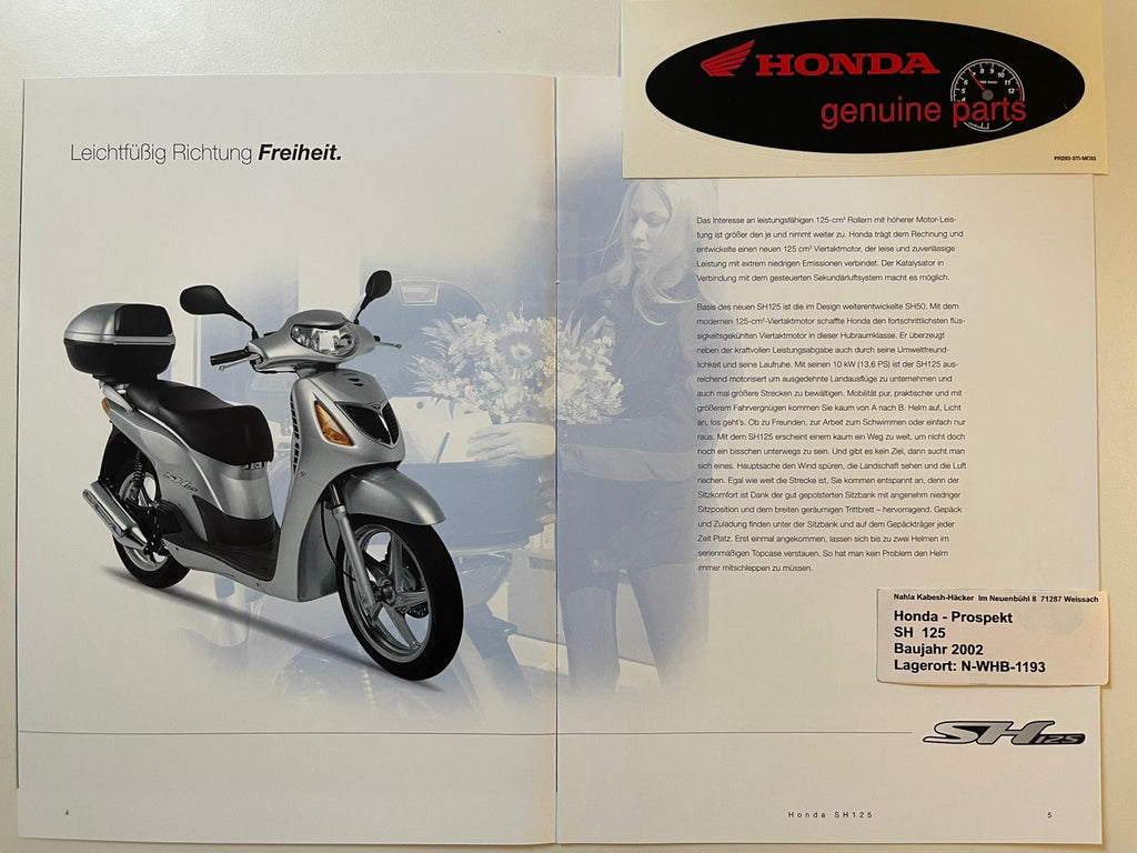 Prospekt Honda SH125 SH 125 Bj. 2002 + Aufkleber