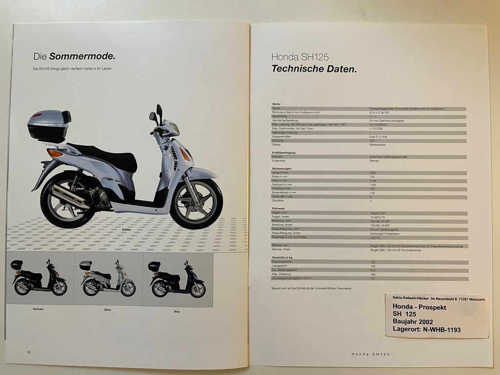 Prospekt Honda SH125 SH 125 Bj. 2002 + Aufkleber