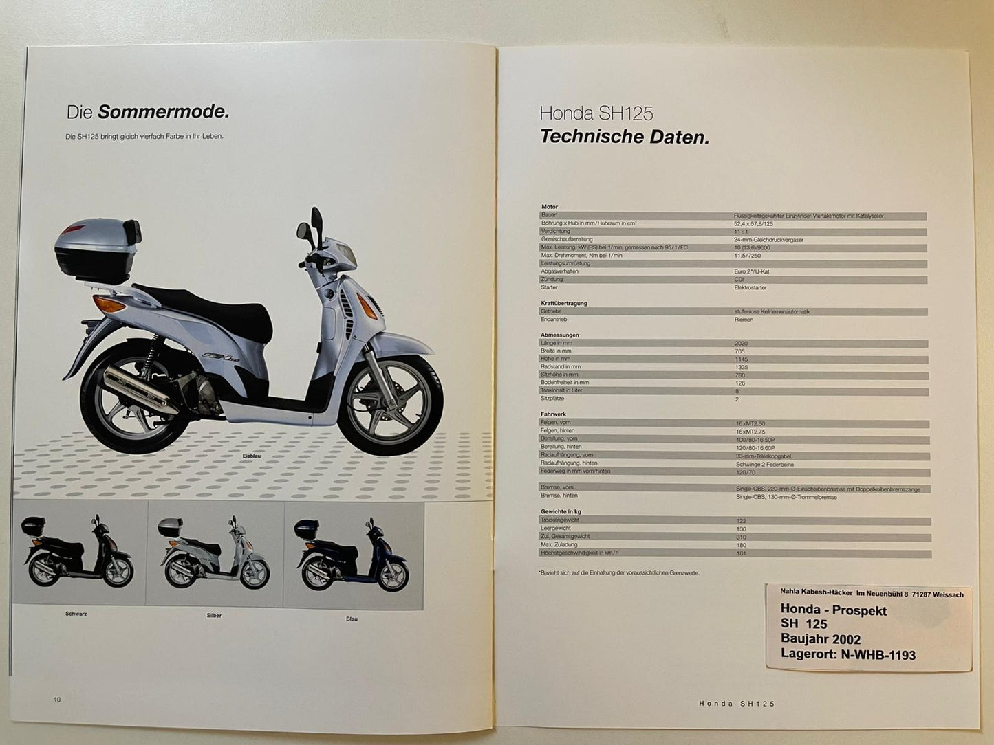 Prospekt Honda SH125 SH 125 Bj. 2002 + Aufkleber