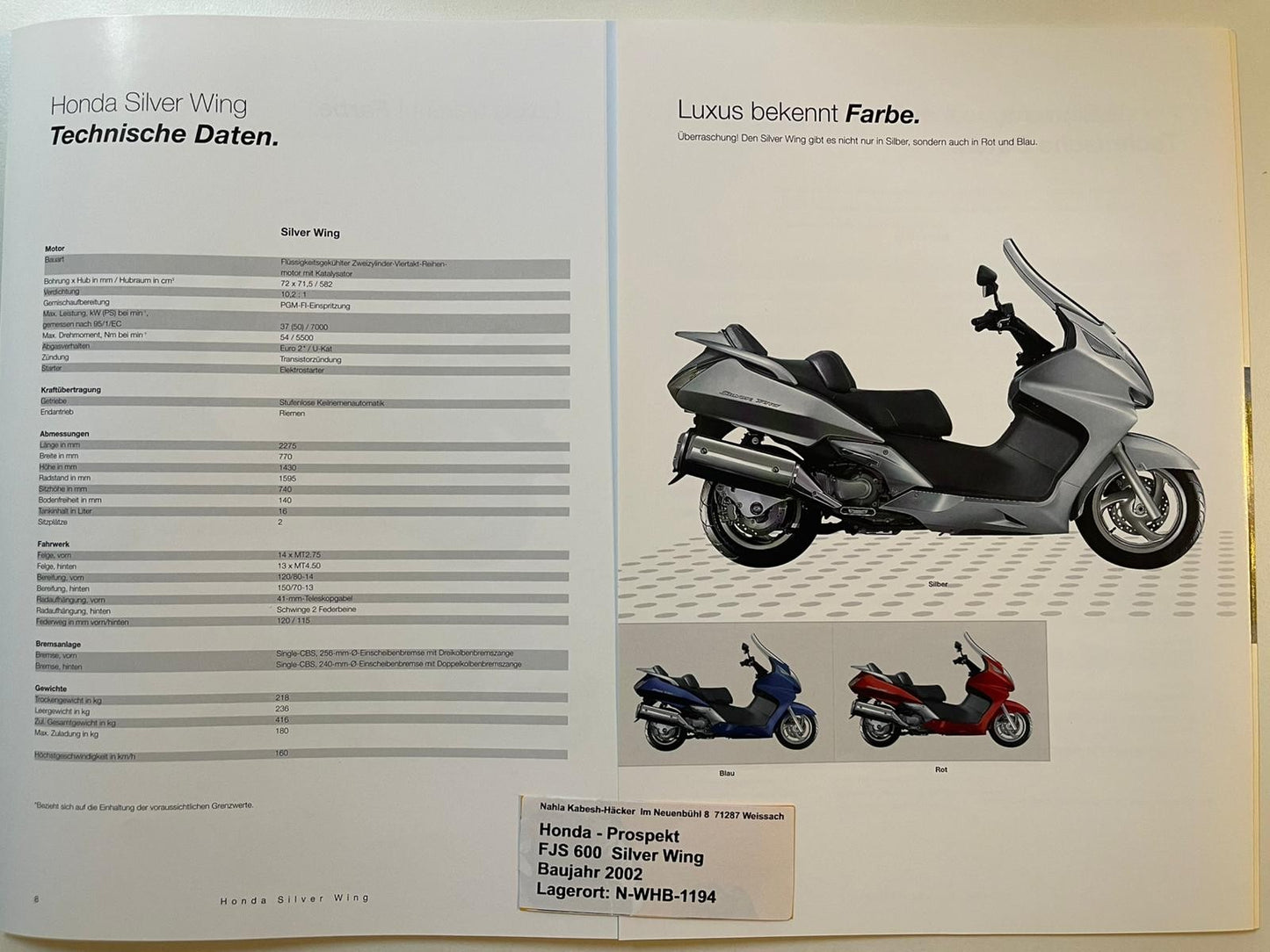 Prospekt Honda FJS600 Silver Wing Bj. 2002 + Aufkleber