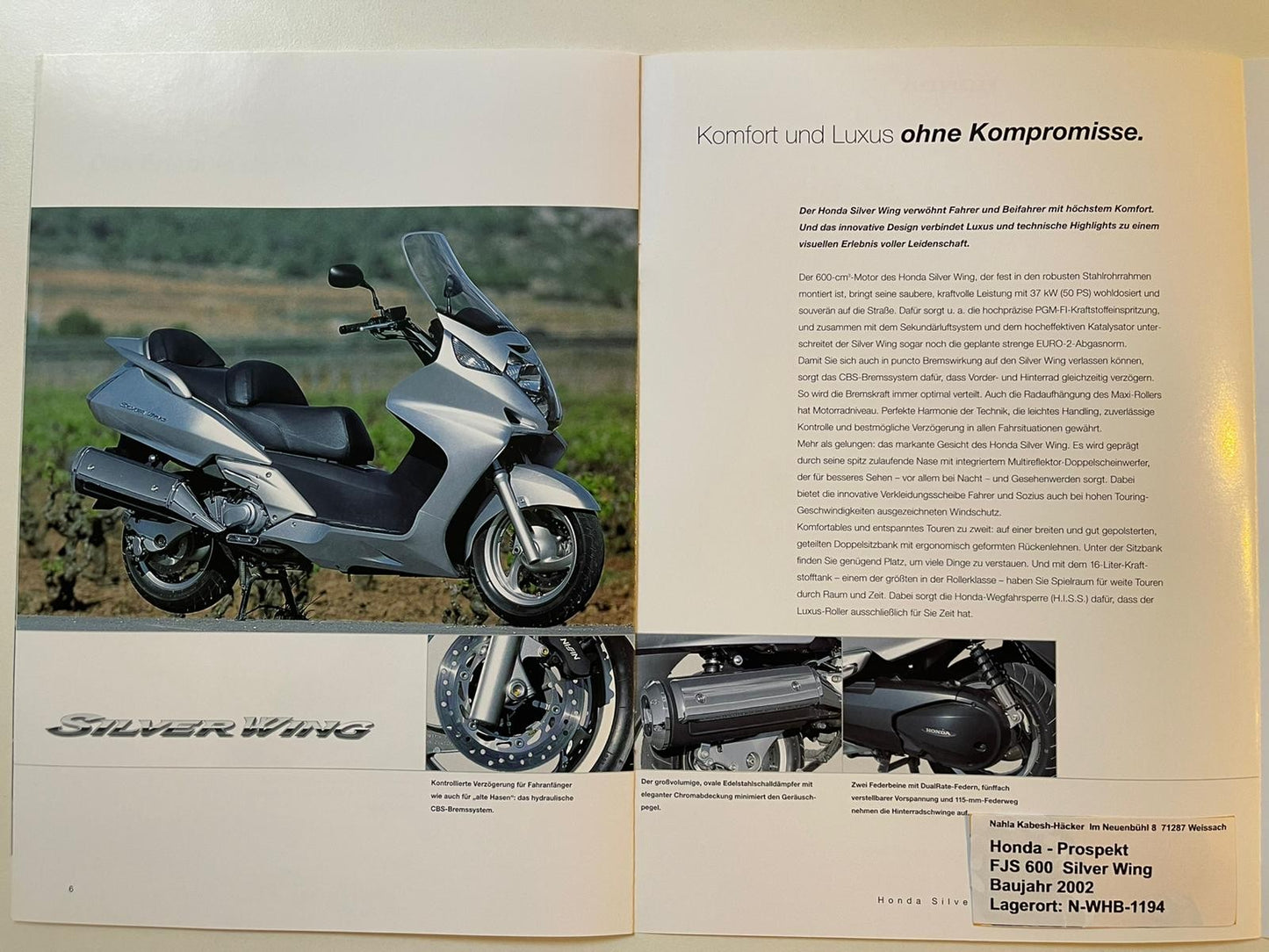 Prospekt Honda FJS600 Silver Wing Bj. 2002 + Aufkleber