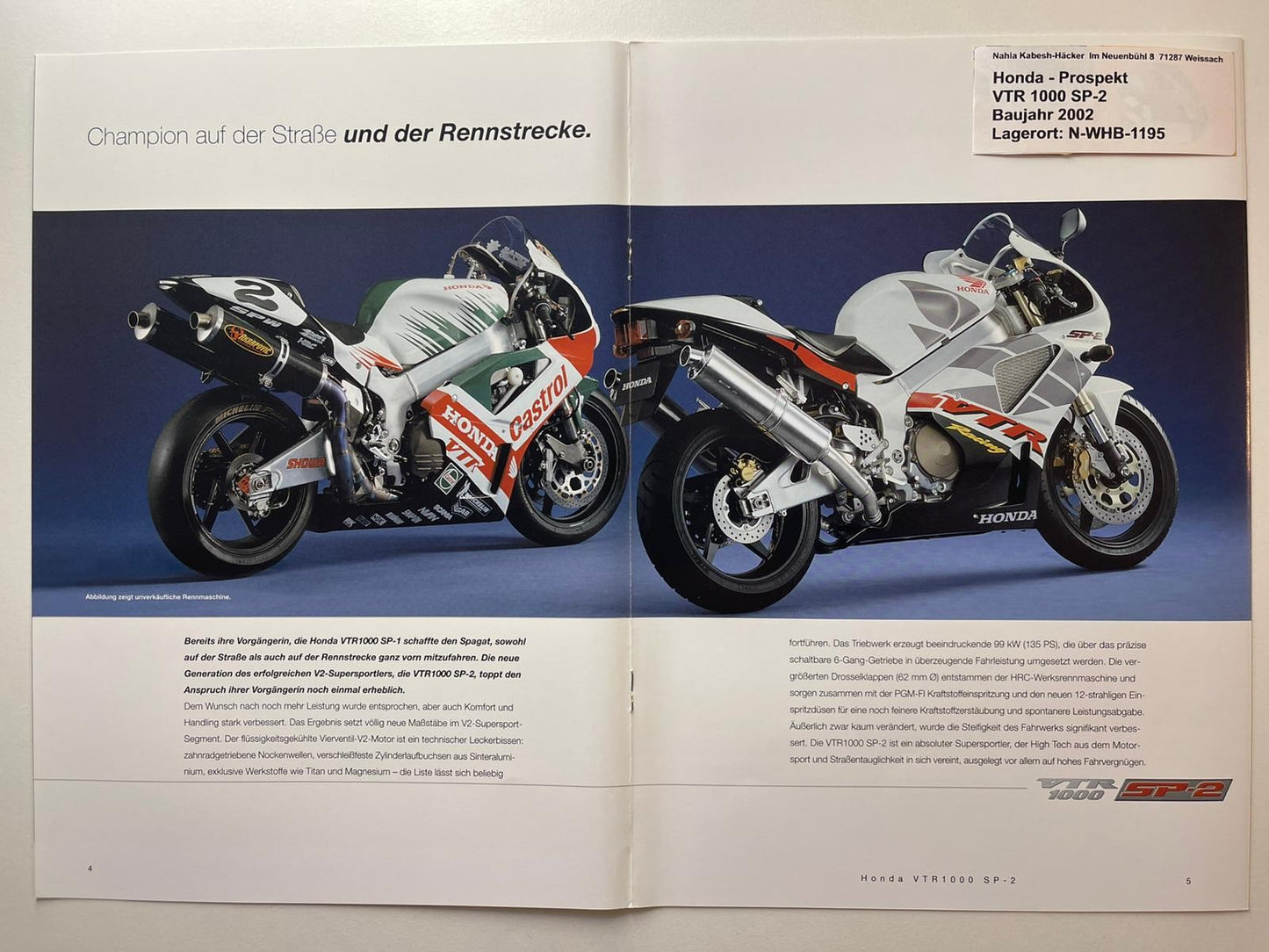 Prospekt Honda VTR1000 SP2 VTR 1000 SP-2 Bj. 2002 + Aufkleber