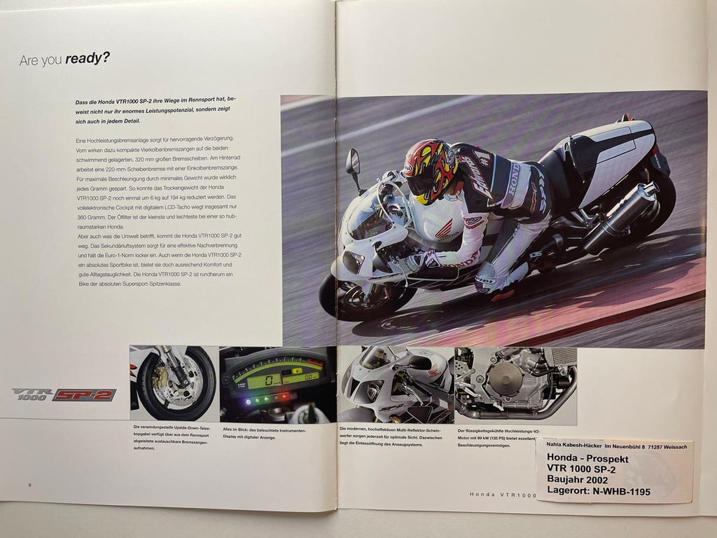 Prospekt Honda VTR1000 SP2 VTR 1000 SP-2 Bj. 2002 + Aufkleber