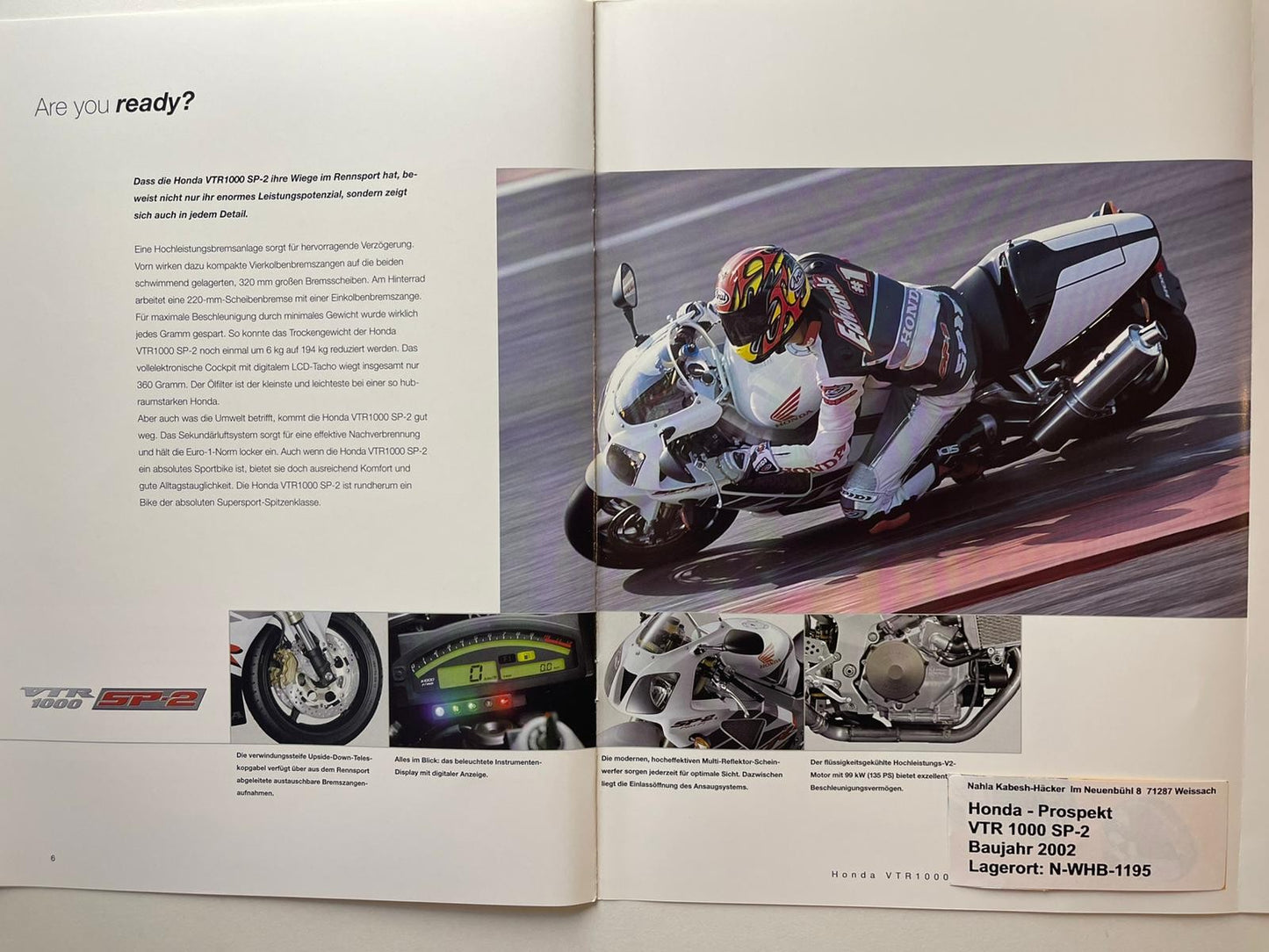 Prospekt Honda VTR1000 SP2 VTR 1000 SP-2 Bj. 2002 + Aufkleber