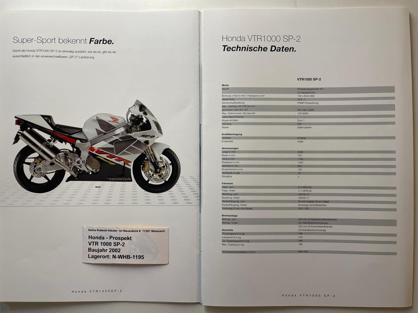 Prospekt Honda VTR1000 SP2 VTR 1000 SP-2 Bj. 2002 + Aufkleber