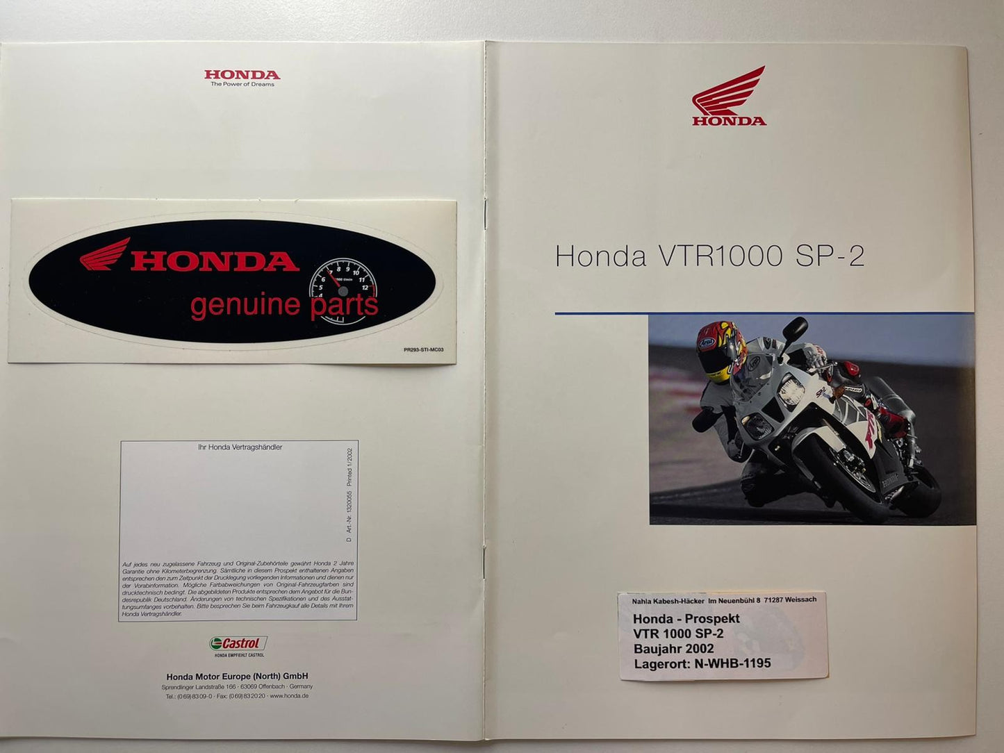 Prospekt Honda VTR1000 SP2 VTR 1000 SP-2 Bj. 2002 + Aufkleber