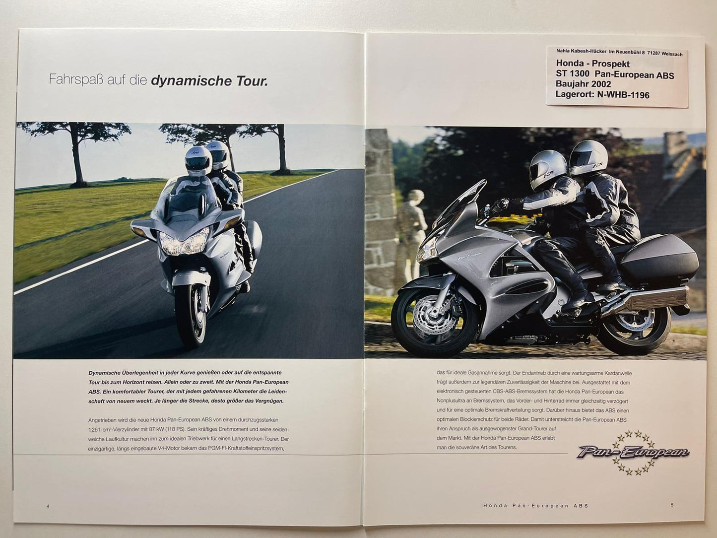Prospekt Honda ST1300 Pan European ABS Bj. 2002 + Aufkleber