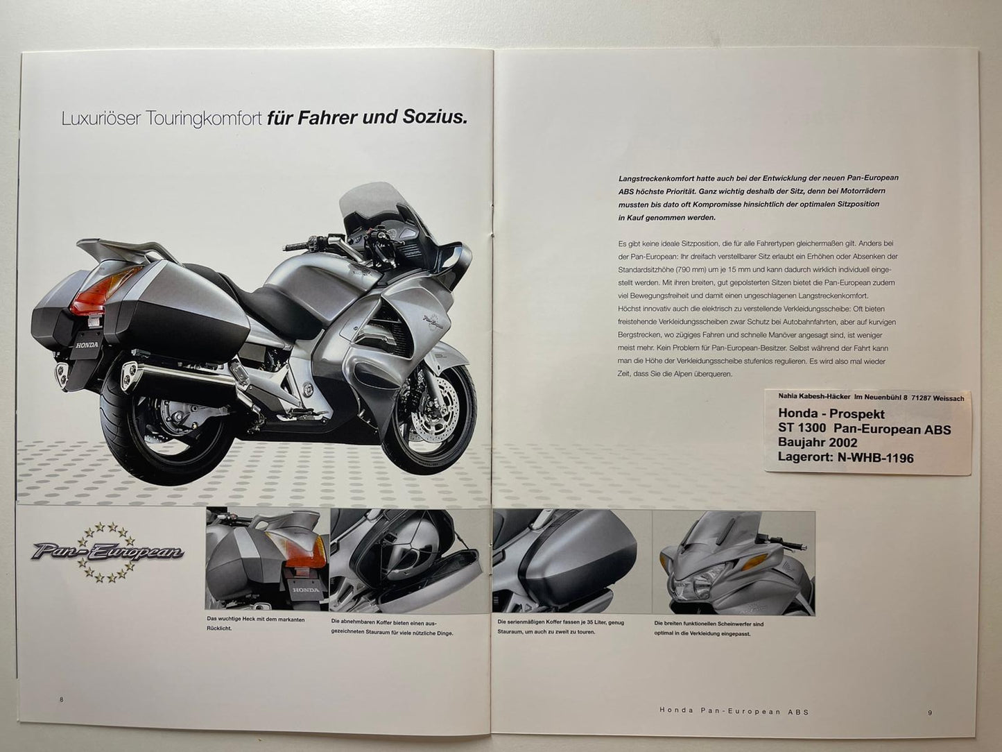 Prospekt Honda ST1300 Pan European ABS Bj. 2002 + Aufkleber