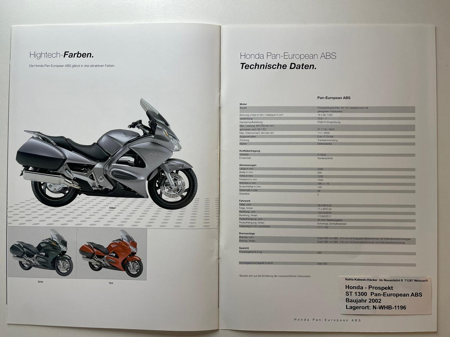 Prospekt Honda ST1300 Pan European ABS Bj. 2002 + Aufkleber