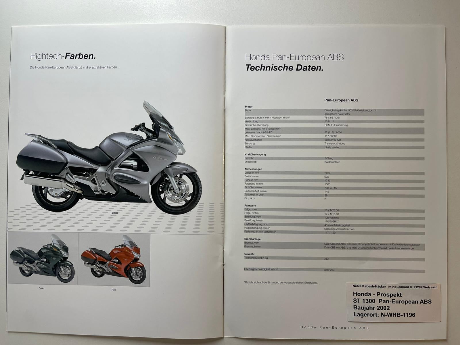 Prospekt Honda ST1300 Pan European ABS Bj. 2002 + Aufkleber