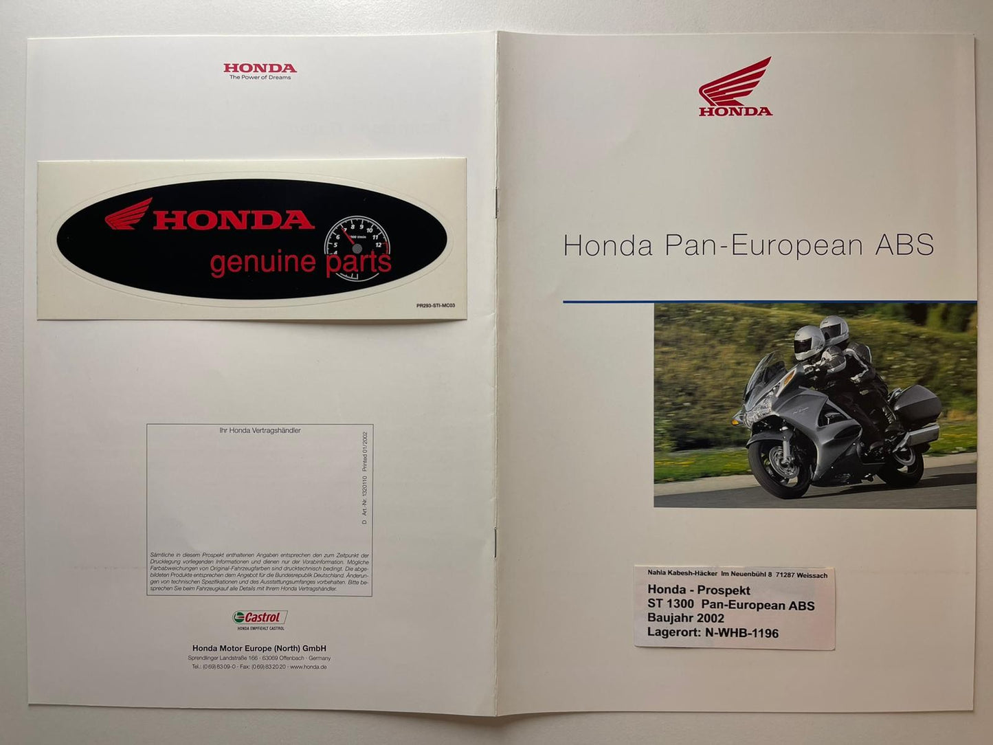 Prospekt Honda ST1300 Pan European ABS Bj. 2002 + Aufkleber
