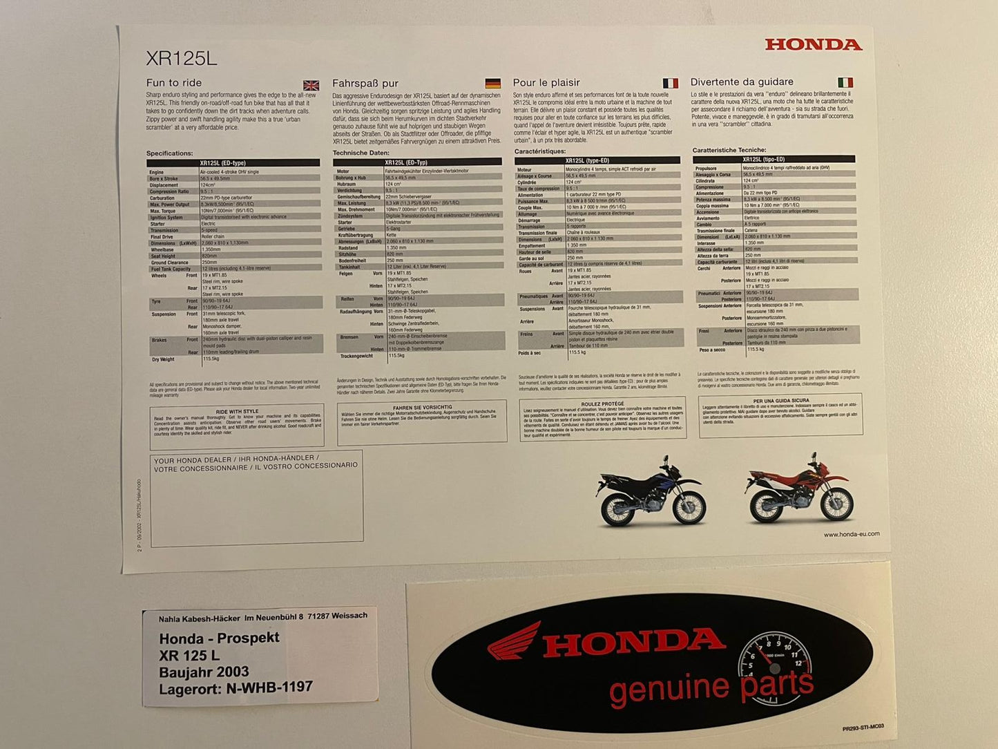 Prospekt Honda XR125L XR 125 L Bj. 2003 + Aufkleber
