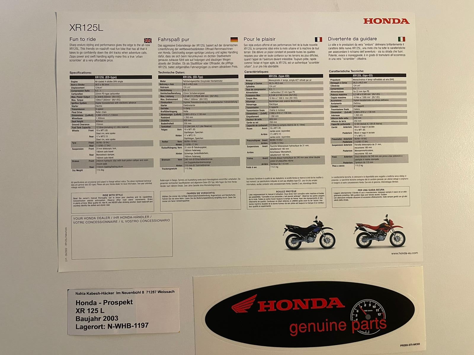 Prospekt Honda XR125L XR 125 L Bj. 2003 + Aufkleber
