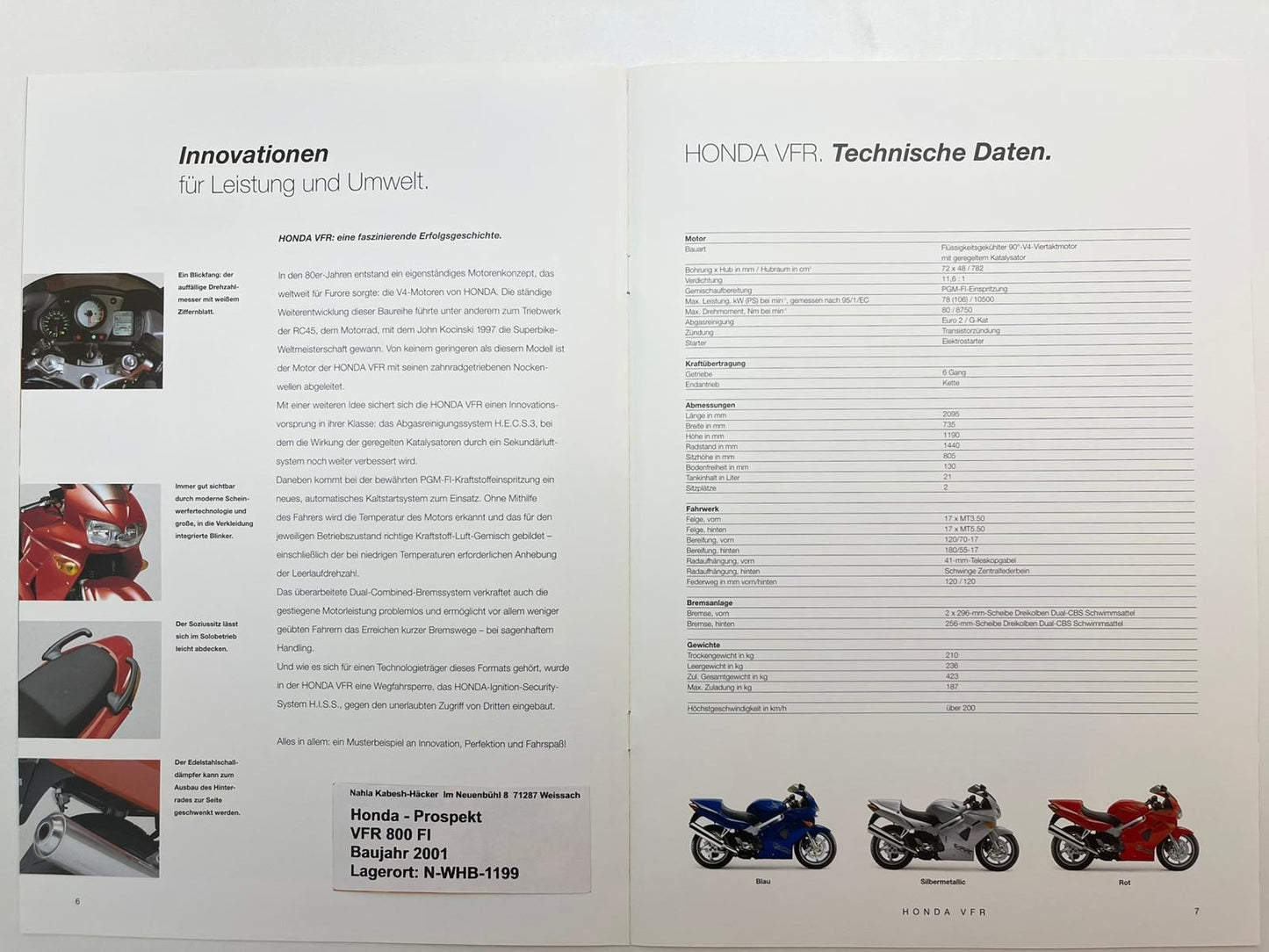 Prospekt Honda VFR800FI VFR 800 FI Bj. 2001 + Aufkleber