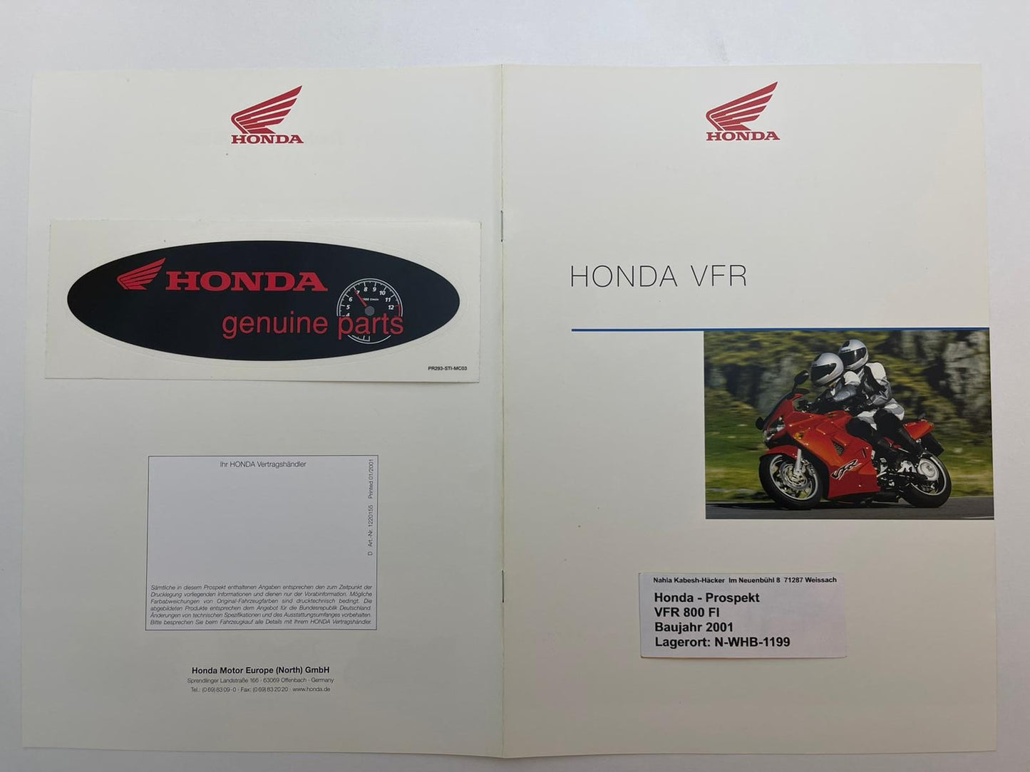 Prospekt Honda VFR800FI VFR 800 FI Bj. 2001 + Aufkleber