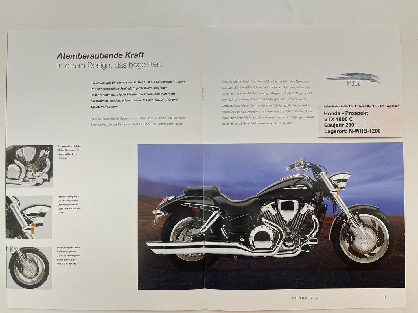 Prospekt Honda VTX1800C VTX 1800 C Bj. 2001 + Aufkleber
