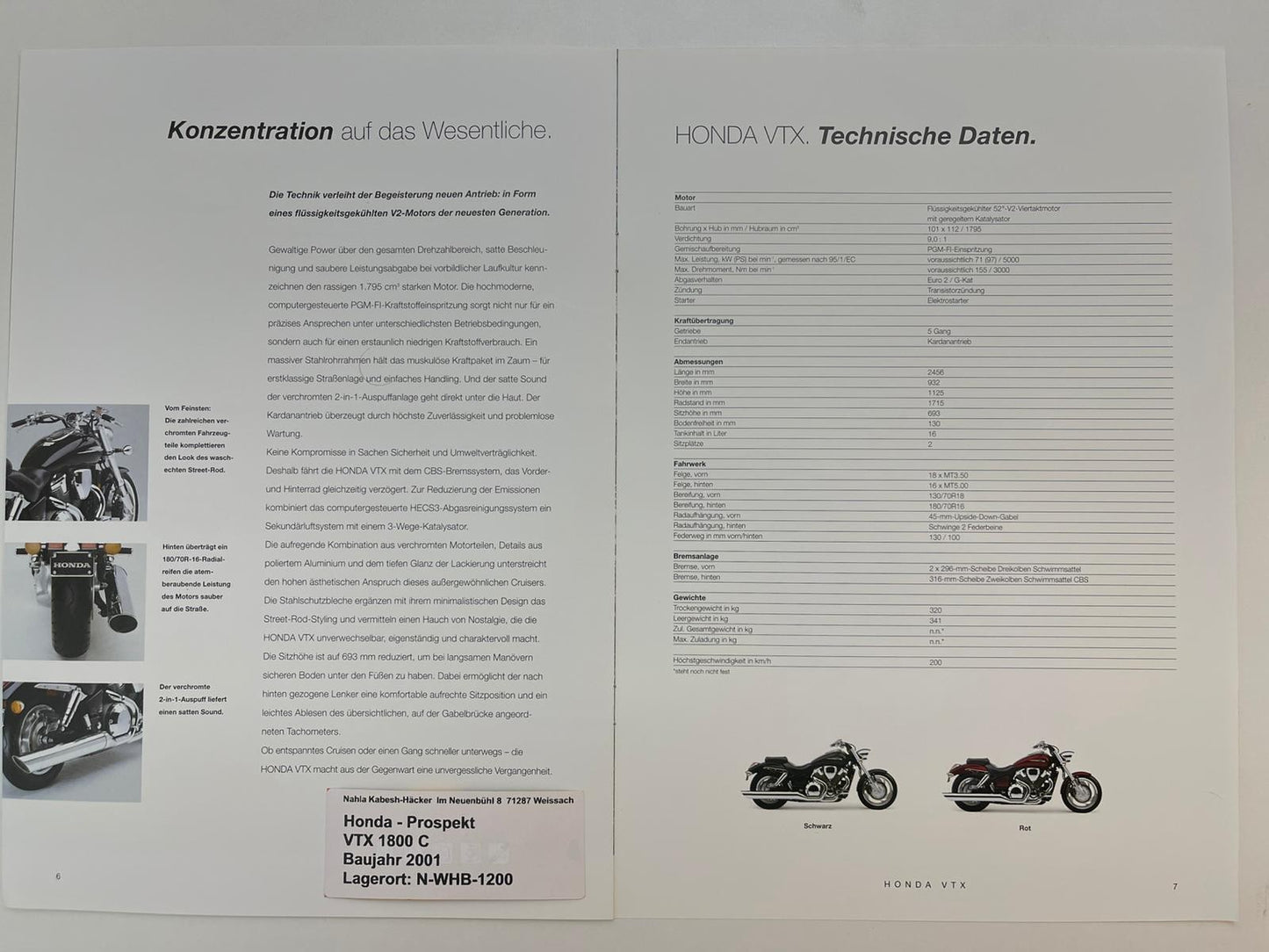 Prospekt Honda VTX1800C VTX 1800 C Bj. 2001 + Aufkleber