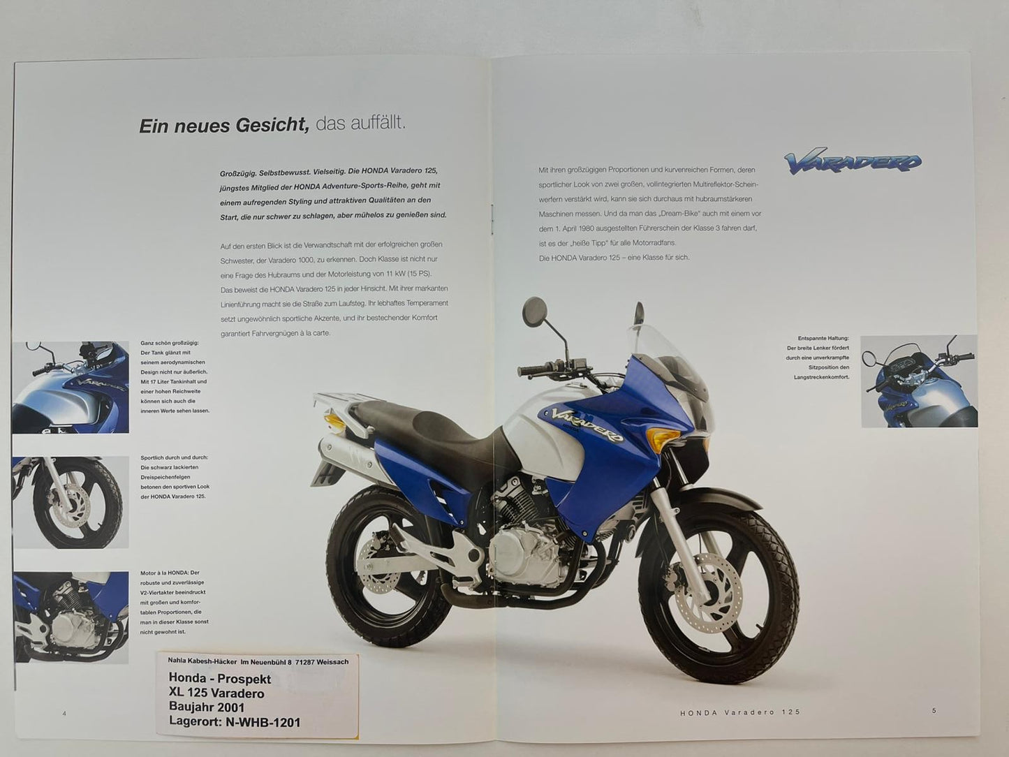 Prospekt Honda XL125V Varadero Bj. 2001 + Aufkleber